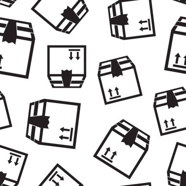 Ambalaj kutusu ok sembolü Dikişsiz desen arka plan ile. Otobüs