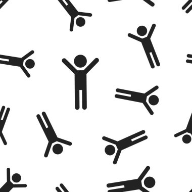 Eller yukarı Dikişsiz desen arka plan ile mutlu bir adam. İş co