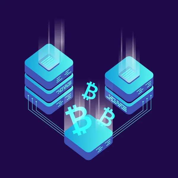 Minería bitcoin servidor icono de vector en estilo isométrico. Cadena de bloques — Vector de stock