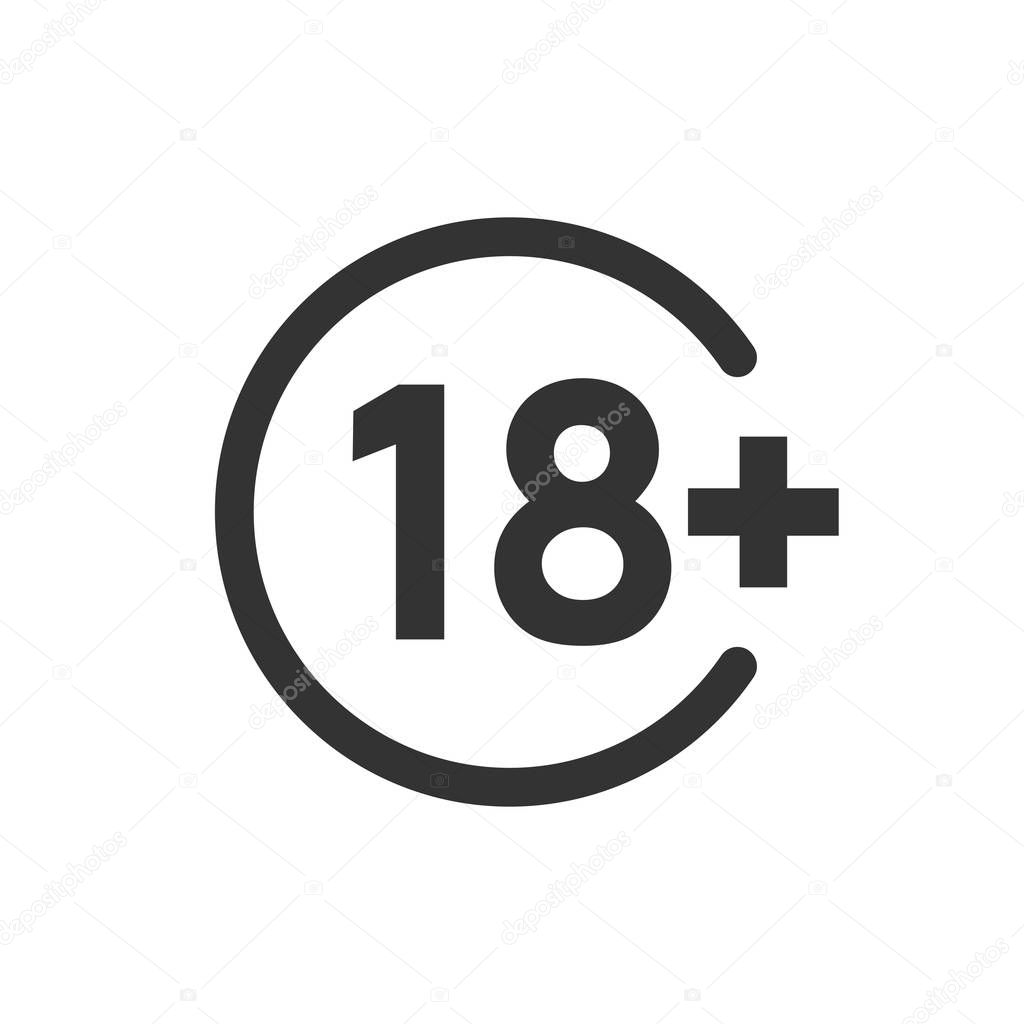 Eighteen plus icon in flat style. 18+ vector illustration on whi