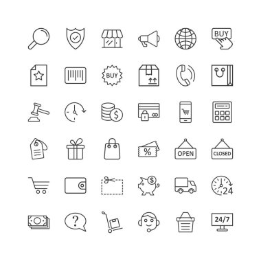 Alışveriş simgesi düz stil olarak ayarlandı. Çevrimiçi ticaret vektörü illüstrası