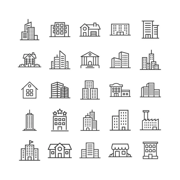 Ícone de construção definido em estilo plano. Cidade arranha-céus apartamento vecto — Vetor de Stock