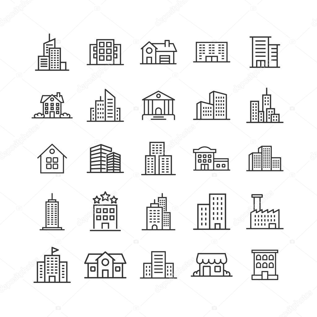 Building icon set in flat style. Town skyscraper apartment vecto