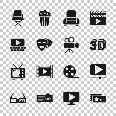 Düz bir sinema çizgisi simgesi. Eğlence, beyaz izole edilmiş arka planda vektör illüstrasyonunu ayarladı. Film medyası iş konsepti.