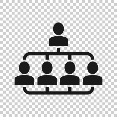 Şirket organizasyon şeması ve iş adamları düz bir şekilde ikonu temsil ediyor. Beyaz arka planda insanlar işbirliği yapıyor. Takım çalışması konsepti.