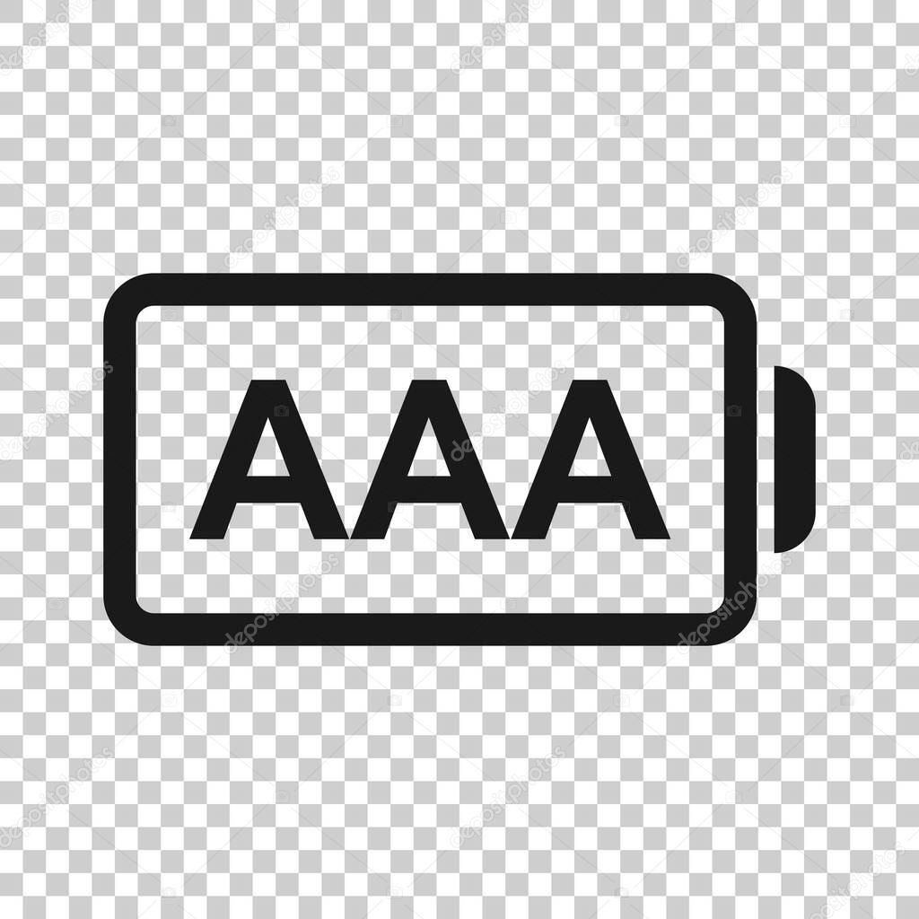 AAA battery icon in flat style. Power level vector illustration on white isolated background. Lithium accumulator business concept.