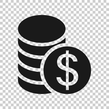 Bozuk para yığın simgesi düz stil. Beyaz izole edilmiş arka planda dolar sikke vektör çizimi. Para yığılmış iş konsepti.