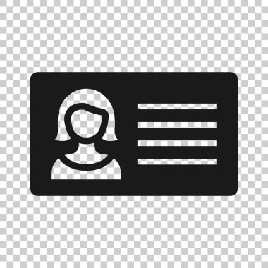 Düz stil kadın kimlik kartı ikonu. İzole edilmiş beyaz arkaplanda kimlik etiketi vektör illüstrasyonu. Sürücü belgesi iş konsepti.