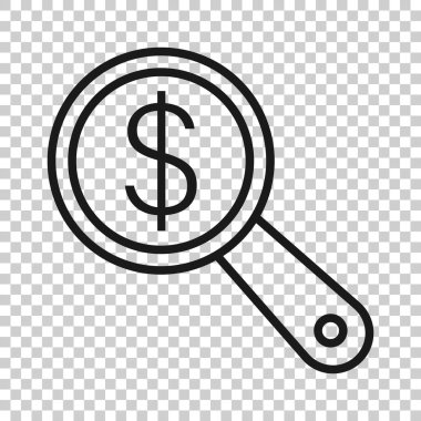 Para ikonlu büyüteç. Düz stil. Beyaz izole edilmiş arka planda dolar arama vektörü çizimi. Finansal para birimi iş kavramı.