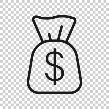 Para çantası ikonu düz stil. Beyaz izole edilmiş arka planda dolar vektör illüstrasyonlu para çantası. Para çuvalı iş konsepti.