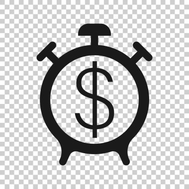 Zaman düz stilde para simgesidir. Beyaz izole edilmiş arka planda dolar vektör illüstrasyonlu saat. Para birimi iş konsepti.