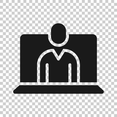 Düz stil dizüstü bilgisayar ikonu olan insanlar. Beyaz izole edilmiş arkaplanda Pc kullanıcı vektör çizimi. Ofis yöneticisi iş konsepti.