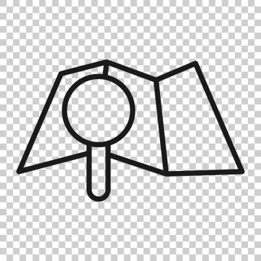 Büyüteç simgesine sahip düz bir harita. İzole edilmiş beyaz arkaplanda GPS navigasyon vektör çizimi. Konum iş kavramını belirle.