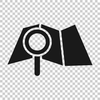 Büyüteç simgesine sahip düz bir harita. İzole edilmiş beyaz arkaplanda GPS navigasyon vektör çizimi. Konum iş kavramını belirle.