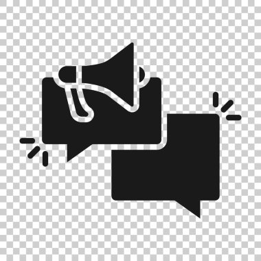 Megafon ikonlu bir konuşma balonu. Beyaz izole edilmiş arkaplanda diyalog kutusu vektör çizimi. Megafon işi konsepti.