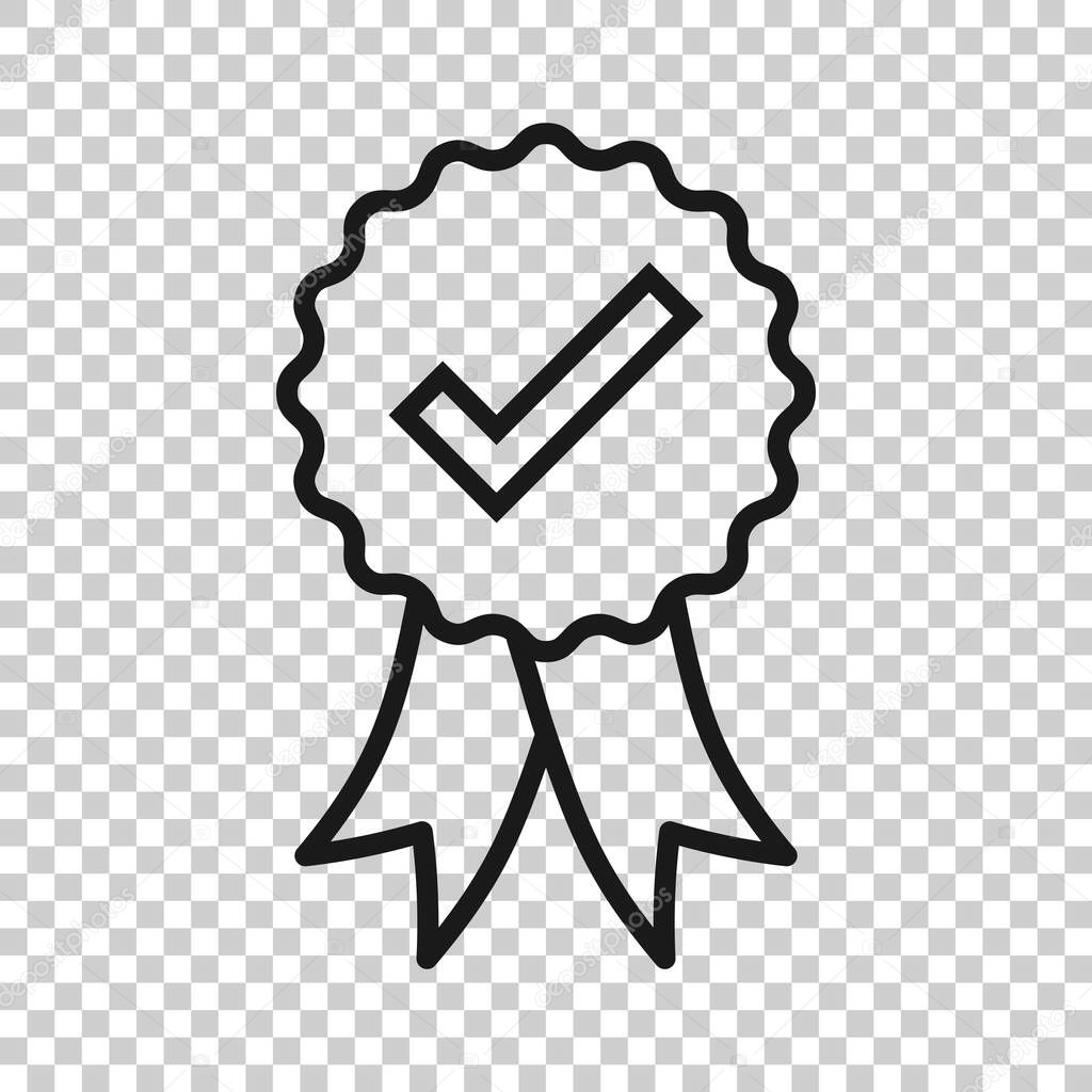 Winner with check mark icon in flat style. Rosette award vector illustration on white isolated background. Medal business concept.