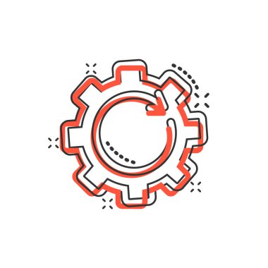 Çizgi roman tarzında kurtarma dişlisi simgesi. Beyaz izole edilmiş arka planda çizgi film vektör illüstrasyonunu tekrarla. Döndürme sıçrama etkisi iş konsepti.