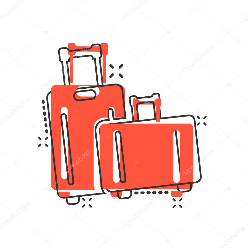 Travel bag icon in comic style. Luggage cartoon vector illustration on white isolated background. Baggage splash effect business concept.
