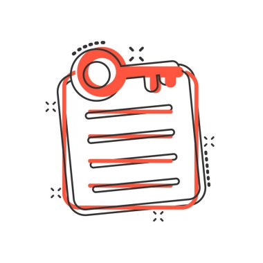 Çizgi roman biçiminde parola hesabı simgesi. Beyaz izole edilmiş arkaplanda anahtar kelime karikatür vektör çizimi. Anahtar kombinasyonu sıçrama etkisi iş konsepti.