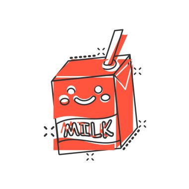 Çizgi roman tarzında şirin bir süt ikonu. Beyaz izole edilmiş arka planda milkshake vektör çizimi. Çizgi film komik kap sıçrama etkisi iş konsepti.