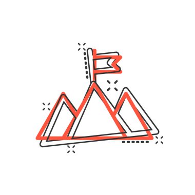 Çizgi roman tarzında görev şampiyonu ikonu. Beyaz izole edilmiş arka planda dağ çizgi filmi vektör çizimi. Liderlik sıçrama etkisi iş konsepti.