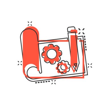 Çizgi roman tarzında prototip simgesi. Beyaz izole edilmiş arkaplanda başlangıç çizgi filmi vektör illüstrasyonu. Model geliştirme sıçrama etkisi iş konsepti.