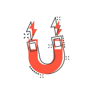 Mıknatıs simgesi. Beyaz izole arkaplanda çizgi film vektör illüstrasyonunu göster. Elektromanyetik sıçrama etkisi iş konsepti.