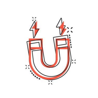 Mıknatıs simgesi. Beyaz izole arkaplanda çizgi film vektör illüstrasyonunu göster. Elektromanyetik sıçrama etkisi iş konsepti.