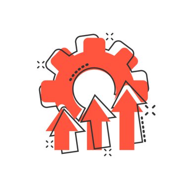 Çizgi roman tarzında gelişme simgesi. Beyaz izole edilmiş arkaplanda vites projesi karikatür vektör çizimi. Üretkenlik, iş dünyasının etkisini artırıyor.