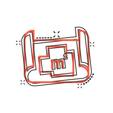 Oda planı ikonu komik bir şekilde. Beyaz izole edilmiş arkaplan üzerindeki mavi çizgi film vektör çizimi. Ev projesi su sıçratma etkisi iş kavramı.