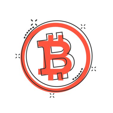 Çizgi roman tarzında Bitcoin simgesi. Beyaz izole arkaplanda blok zinciri çizim çizimi. Kripto para birimi sıçrama etkisi iş konsepti.