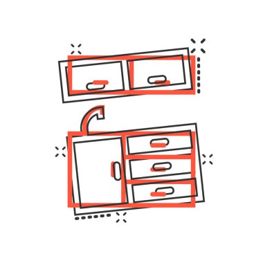 Çizgi roman tarzında mutfak mobilyası ikonu. Beyaz izole arka planda mutfak çizgi filmi vektör çizimi. Yemek odası su sıçratma etkisi iş konsepti.