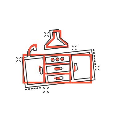 Çizgi roman tarzında mutfak mobilyası ikonu. Beyaz izole arka planda mutfak çizgi filmi vektör çizimi. Yemek odası su sıçratma etkisi iş konsepti.