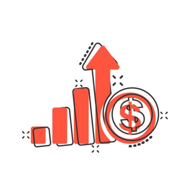 Çizgi roman tarzında büyüyen ok simgesi. Gelir karikatürü, beyaz izole edilmiş arka planda vektör çizimi. Sıçrama etkisi iş konseptini arttır.