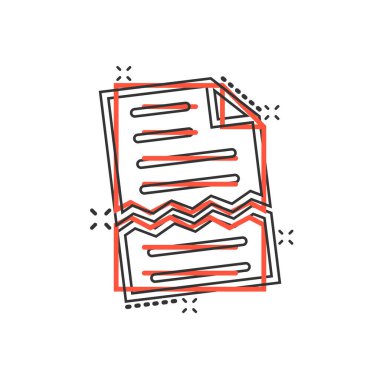 Çizgi roman biçiminde belge hatası simgesi. Beyaz izole edilmiş arka planda kırık rapor karikatür vektör çizimi. Hasarlı sıçrama etkisi iş konsepti.