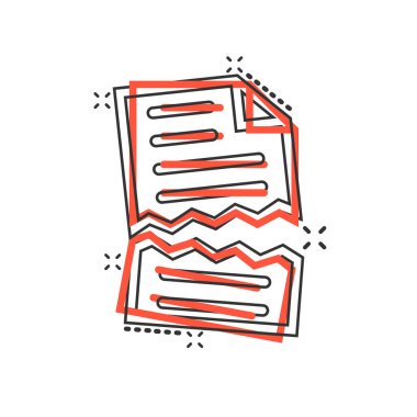 Çizgi roman biçiminde belge hatası simgesi. Beyaz izole edilmiş arka planda kırık rapor karikatür vektör çizimi. Hasarlı sıçrama etkisi iş konsepti.