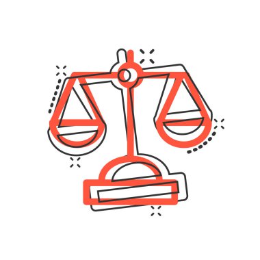 Denge simgesini çizgi roman tarzında ölçeklendir. Beyaz izole edilmiş arka planda Adalet çizgi filmi vektör illüstrasyonu. Yargı sıçrama etkisi iş konsepti.