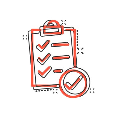 Çizgi roman tarzında liste simgesi yapmak için. Beyaz izole edilmiş arkaplandaki karikatür vektör çizelgesi. Not kontrol işareti sıçrama etkisi iş konsepti.