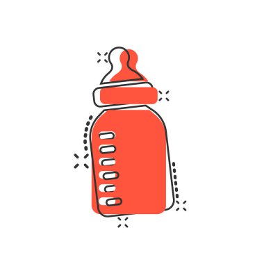 Bebek şişesi ikonu komik bir şekilde. Beyaz izole arkaplanda süt kabı karikatür vektör çizimi. Bardak sıçrama etkisi iş konsepti.