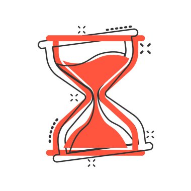 Çizgi roman tarzında kum saati simgesi. Beyaz izole edilmiş arka planda kum camı çizimi. Saat sıçrama etkisi iş konsepti.