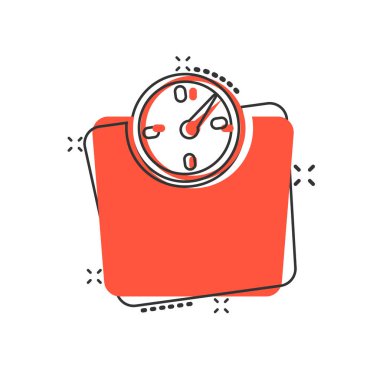 Simgeyi çizgi roman tarzında ölçeklendir. Beyaz izole edilmiş arka planda karikatür vektör çizimi. Karşılaştırma sıçrama etkisi iş konsepti.