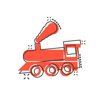 Çizgi roman tarzında Metro ikonu. Beyaz izole edilmiş arka planda tren metrosu çizgi filmi vektör çizimi. Demiryolu kargo sıçrama etkisi iş konsepti.