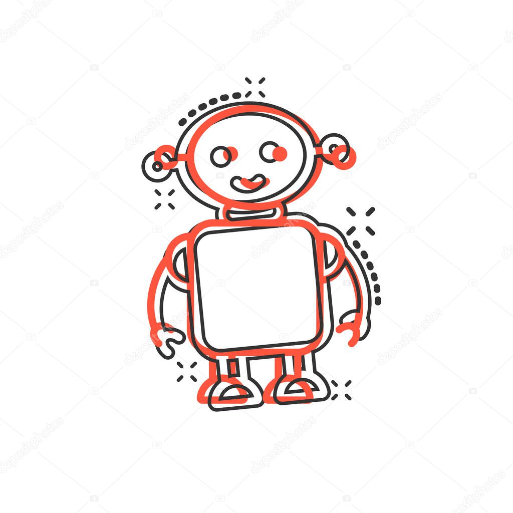 Cute robot chatbot icon in comic style. Bot operator cartoon vector illustration on white isolated background. Smart chatbot character splash effect business concept.
