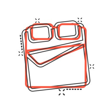 Çizgi roman tarzında yatak ikonu. Yatak odası çizgi filmi beyaz izole edilmiş arka planda vektör çizimi. Bedstead sıçrama etkisi iş konsepti.