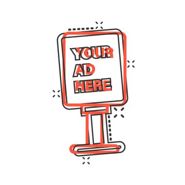 Çizgi roman tarzında ilan panosu simgesi. Beyaz izole arkaplanda şehir ışığı karikatür vektör çizimi. Pankart sıçrama etkisi iş konsepti.