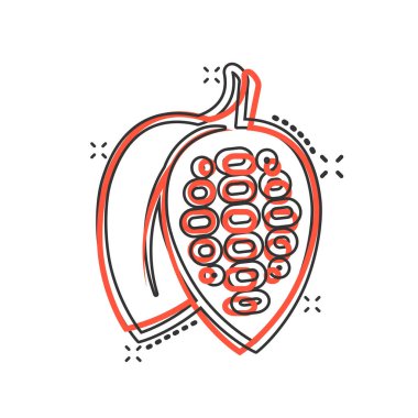Çizgi roman tarzında kakao fasulyesi ikonu. Beyaz izole edilmiş arka planda çikolata kremalı vektör çizimi. Fındık bitkisi sıçrama etkisi iş konsepti.