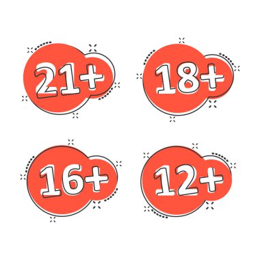 12, 16, 18, 21 artı çizgi roman tarzında bir ikon. Beyaz izole edilmiş arka planda sansür çizgi filmi vektör çizimi. Sansürlü sıçrama etkisi iş konsepti.