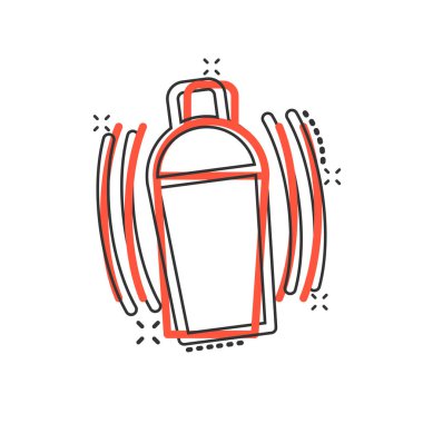 Komedi tarzında Shaker kokteyli ikonu. Alkol şişesi, beyaz izole edilmiş arka planda vektör çizimi. Bar içkisi sıçrama etkisi iş konsepti.