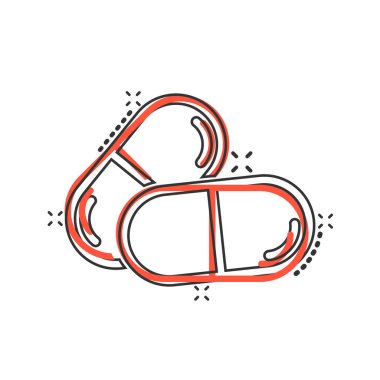 Komedi tarzında hap kapsülü simgesi. Beyaz izole edilmiş arka planda uyuşturucu karikatürü vektör çizimi. Eczane su sıçratma etkisi iş konsepti.