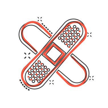 Çizgi roman tarzında bandaj simgesi. Beyaz izole arkaplanda alçı karikatür vektör çizimi. İlk yardım çantası sıçrama efekti iş konsepti.